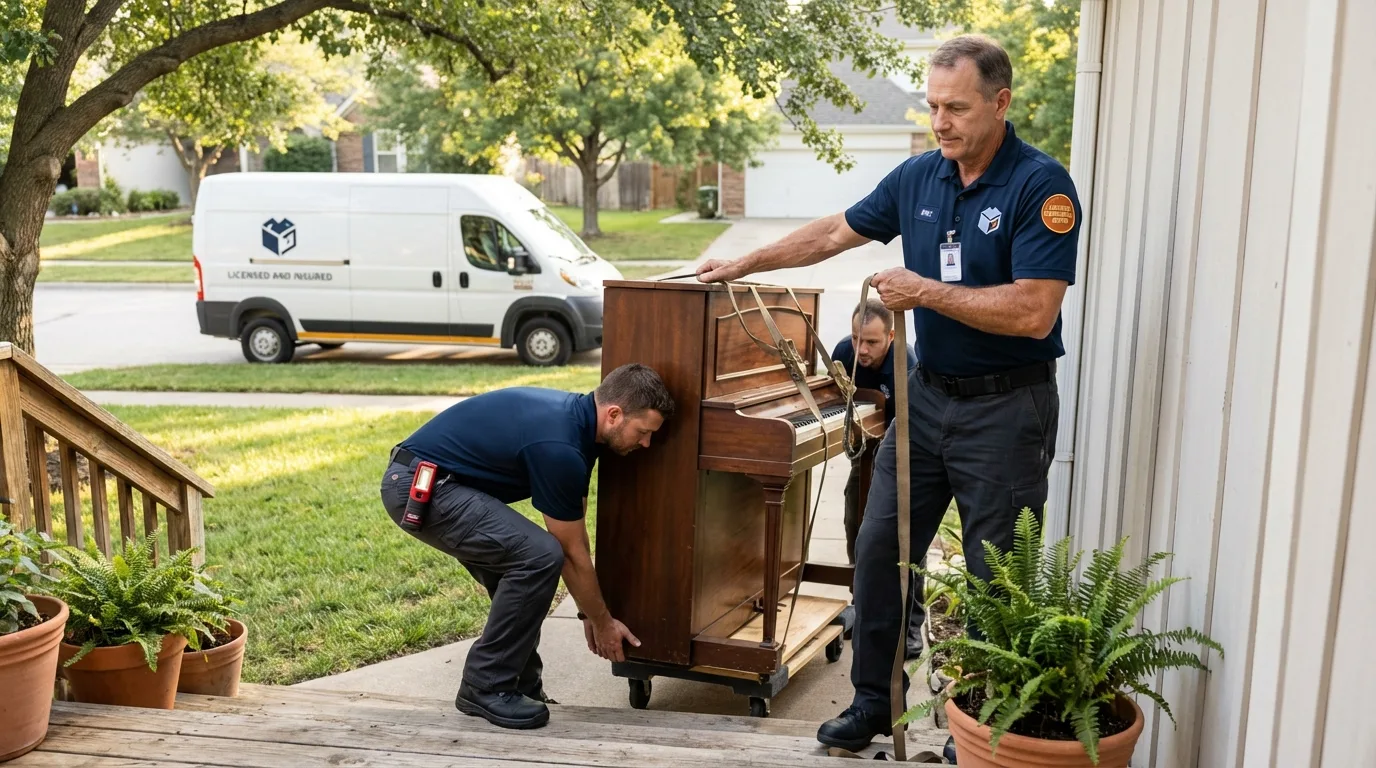 Licensed piano movers securing grand piano in Strawberry, CA