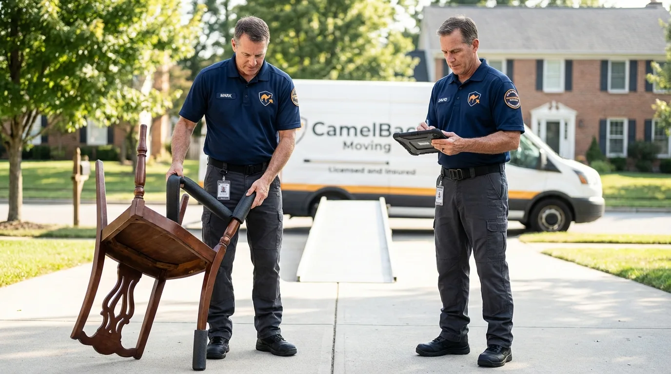 Movers inspecting furniture for damage prevention before loading in Strawberry, CA