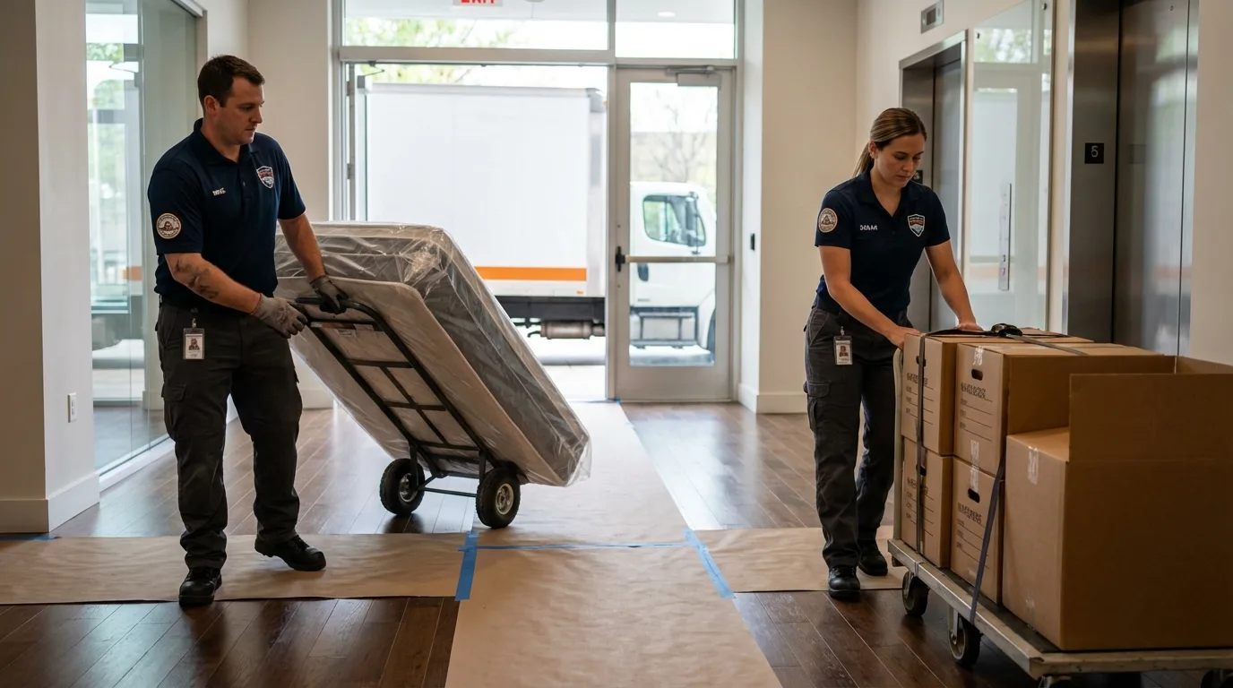 Professional apartment movers loading elevator in Strawberry, CA